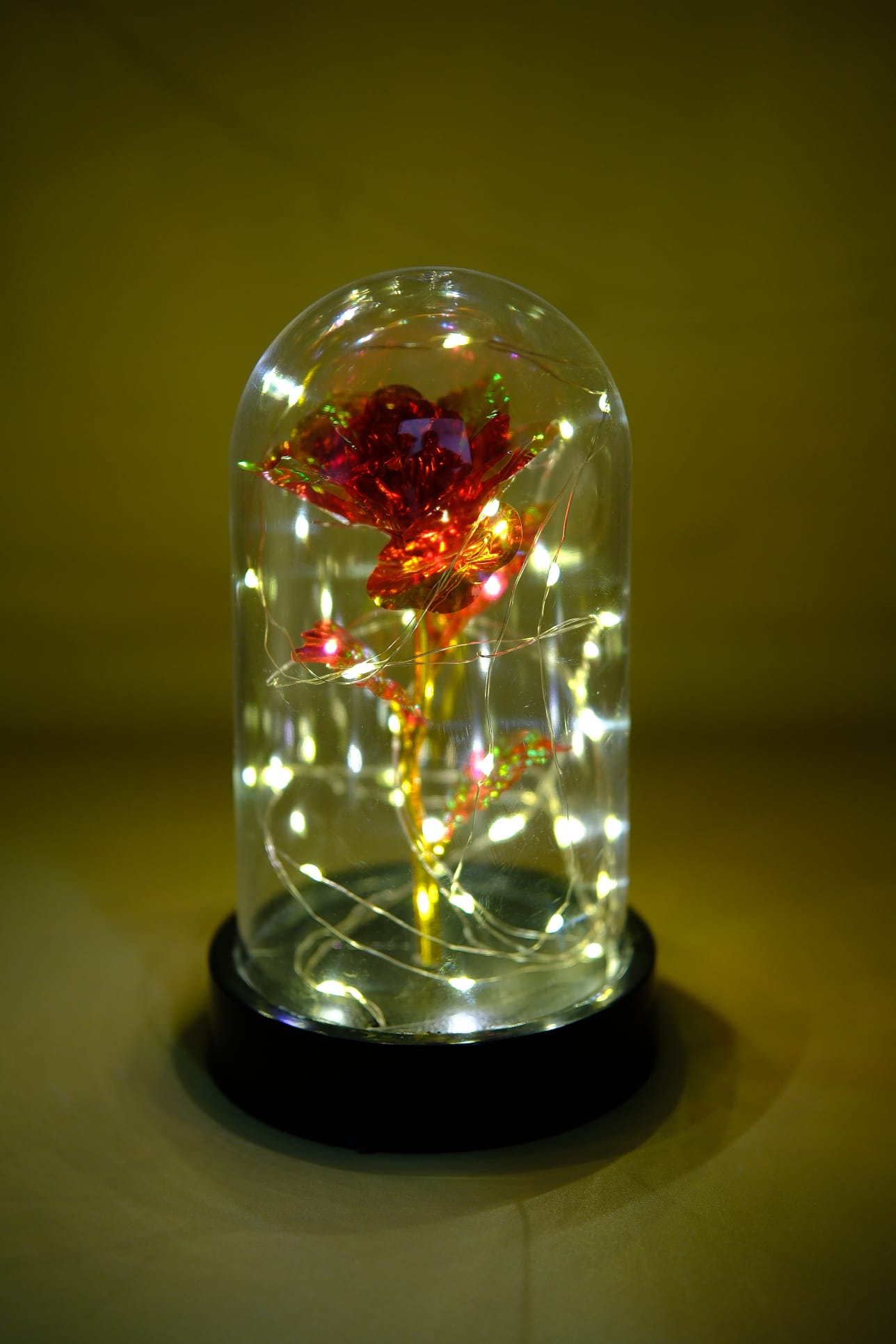 Ledli Fanus İçinde Kırmızı Renk Sonsuz Gül